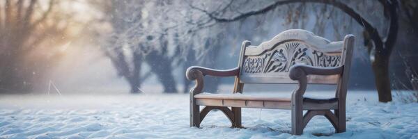 Frozen winter scene with snow-covered bench and ambient glow photo