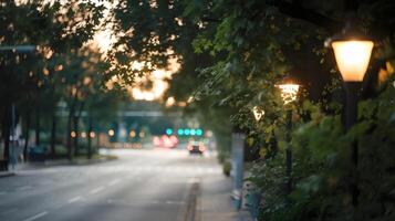 Quiet street with warm light leaks, bokeh, and tree-lined surroundings photo