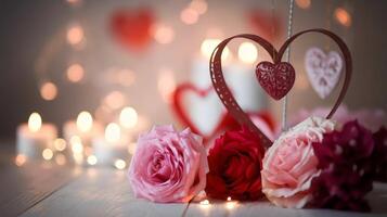 Romantic Valentine's scene with heart-shaped decorations and flowers photo
