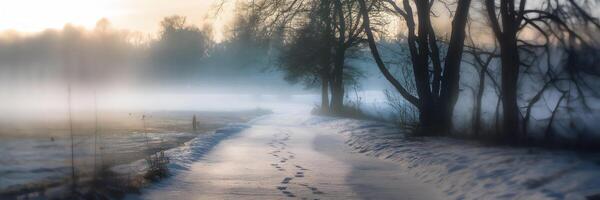 Snowy pathway leading into misty winter forest photo