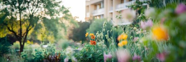 Softly blurred garden with colorful flowers and greenery photo