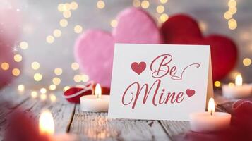 Be Mine Valentine's card on wooden surface with heart bokeh photo