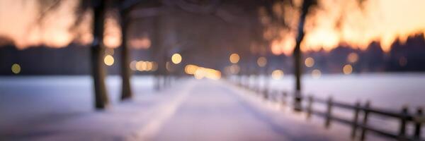 Snow-covered winter path with bokeh lights and ambient glow photo