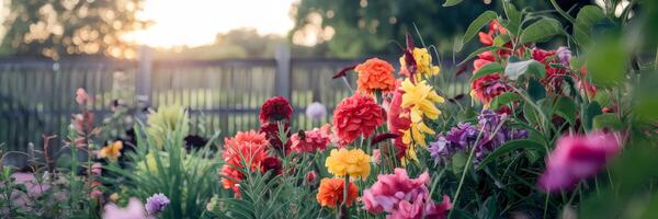 Vibrant summer garden with colorful flowers and warm atmosphere photo