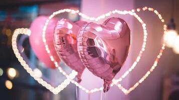Heart-shaped balloons with glowing pink ambient light photo