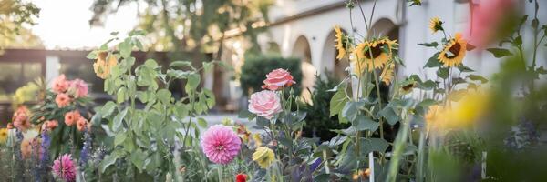 Summer garden with bright flowers, green leaves, and white building photo