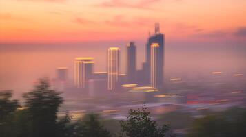 Dreamy blurred cityscape at sunset with glowing edges and warm hues photo