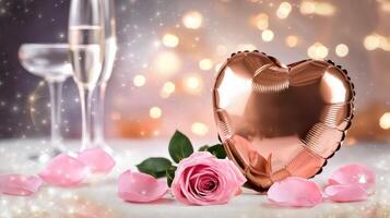 Dreamy Valentine's Day scene with heart-shaped balloon and pink rose photo