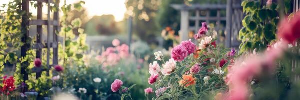 Garden with blooming flowers and warm sunlight in late afternoon photo