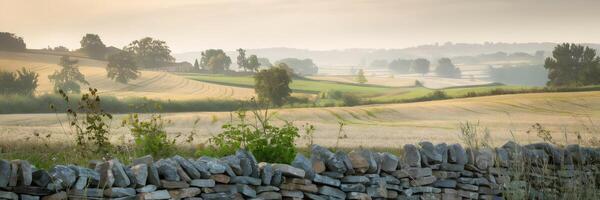 Summer countryside with rolling hills and golden crops photo