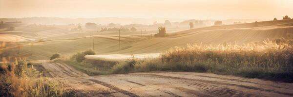 Rolling hills and golden fields with dirt road and power lines photo
