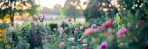 Vibrant garden with flowers, greenery, and serene landscape photo