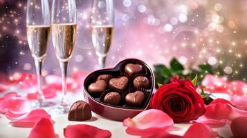 Valentine's Day scene with heart-shaped box, red rose, and glowing highlights photo
