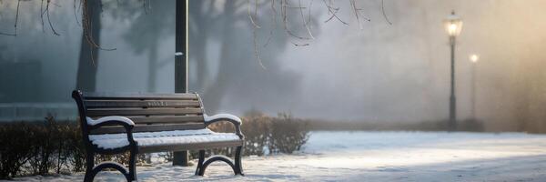 Snow-covered bench and lamp post in frozen winter landscape photo