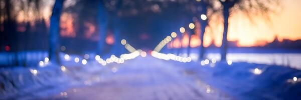 Winter path with snow, bokeh lights, and serene glow photo