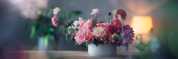 Floral arrangement on wooden surface with ambient light and blurred background photo