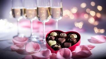 Heart-shaped chocolate box with glowing highlights and soft background photo