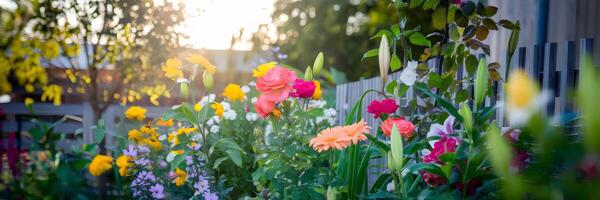 Blurred summer garden with colorful flowers and wooden fence photo