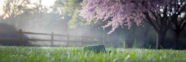 Blurred spring background with grass, sunlight, and pink flowers photo