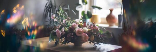 Floral arrangement on wooden table with soft light and bokeh photo