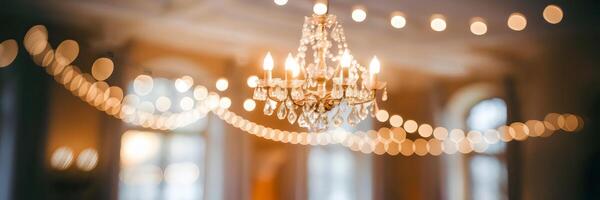 Blurred interior with glowing chandelier, warm haze, and golden light photo