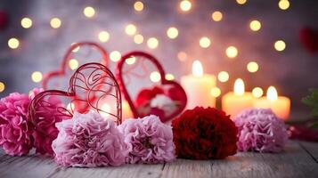 Romantic setting with heart-shaped decorations and soft candlelight photo