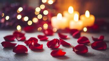 Romantic Valentine's Day scene with rose petals and candlelight photo