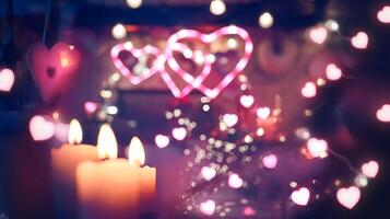 Dreamy Valentine's Day scene with pink lights and heart decorations photo