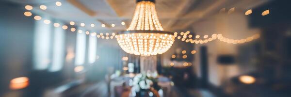 Blurred interior with glowing chandelier and soft bokeh photo