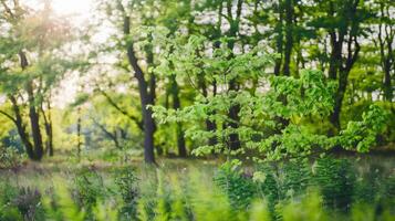Sunny summer forest with blurred trees and green foliage photo
