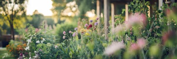 Lush garden scene with flowers and wooden structure in background