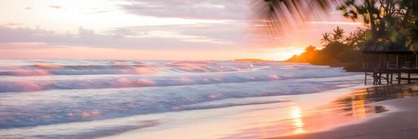 Sunset beach scene with silhouettes, bokeh waves, and golden water reflections photo