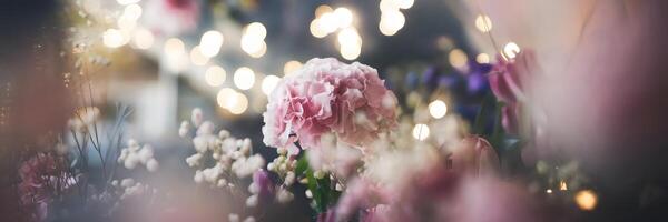 Softly blurred floral arrangement with ambient light and dreamlike atmosphere photo