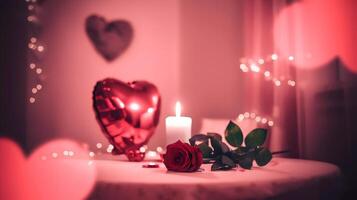 Romantic Valentine's Day table with rose, candle, and heart-shaped balloon photo