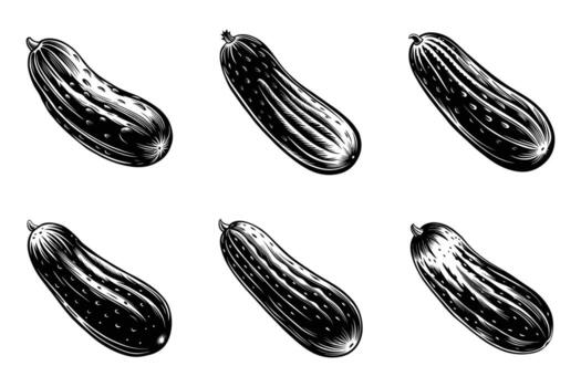 A set of six different cucumbers in different stages of growth vector