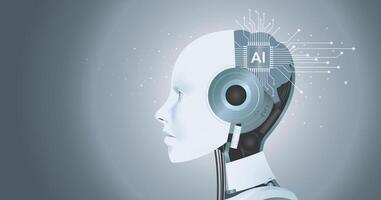 AI humanoid head side view, AI microchip brain and Concept of artificial intelligence. Graphic of a digital brain made from circuit board, on grey background. vector