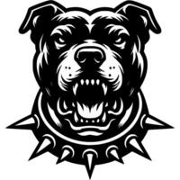 Tattoo of angry roaring Pitbull dog head in monochrome. Pitbull dog in in spiked collar. Engraving minimalistic in black ink drawing on white background vector