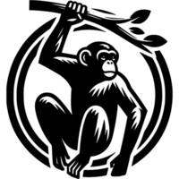 Tattoo of macaque sits on branch and looks forward in monochrome. Anthropoid ape. Engraving minimalistic in black ink drawing on white background vector