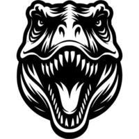 Tattoo of angry tyrannosaurus front view head in monochrome. Wild tyrannosaurus in madness. Engraving minimalistic in black ink drawing on white background vector
