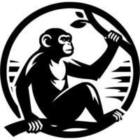 Tattoo of chimpanzee sitting on tree in monochrome. Forest monkey. Engraving minimalistic in black ink drawing on white background vector
