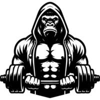 Tattoo of Gorilla pumps biceps with short barbell in the gym in monochrome. Hard training. Engraving minimalistic in black ink drawing on white background vector