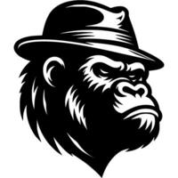 Tattoo of gorilla mafia bandit head in monochrome. Gloomy head of monkey clan. Engraving minimalistic in black ink drawing on white background vector