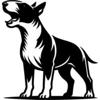 Tattoo of angry roaring bull terrier dog in monochrome. Bullterrier dog full size in defense of territory. Engraving minimalistic in black ink drawing on white background vector