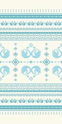 Flawless Light Blue Color Embroidery on Beige Background Seamless Pattern. Geometric Scroll Ornament with Detailed Stripe Boarder. There are Swan in the Lake Silk Prints, hand draw, Elegant.