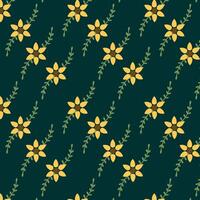 Seamless pattern with yellow flowers on dark green background. vector
