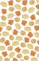 Delicious pancakes and bread with jam and chocolate biscuits pattern vector
