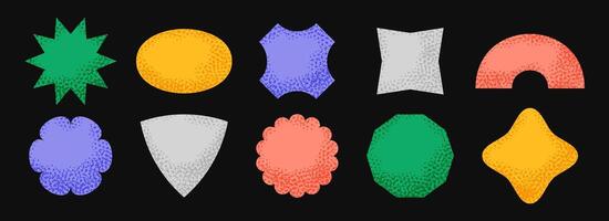 Bright sticker shape collection. Primitive geometric label element pack. Colorful textured patch element bundle. Set of abstract dotted blank badges for price tag, sale promotion, product label vector
