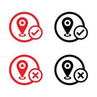 Correct or wrong location or map creative pin, red or black silhouette icon symbol, direction concept illustration isolated on transparent background vector