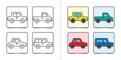 Toddlers vehicles, set of kindergarten kids coloring pages with flat colorful illustration for inspiring isolated on white background vector