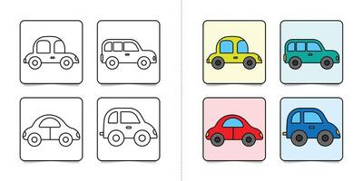 Toddlers cars or vehicles, set of kindergarten kids coloring pages with flat illustration for inspiring isolated on white background vector